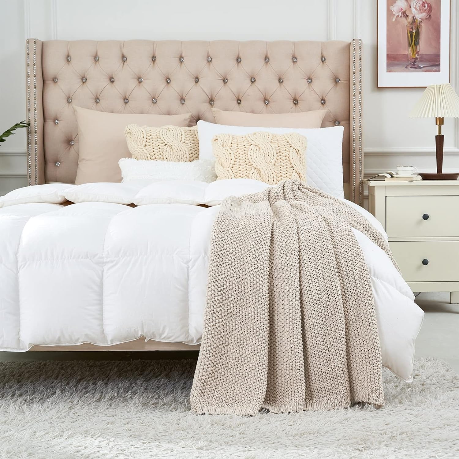 Chunky strik tæppe, Letvægts, Beige, 100% økologisk bomuld, Tæppe til sofa, sofa, seng, barn, børneværelse, Rustik, Shabby chic, Moderne bondehus, 152,4 X 203,2 cm, Inklusiv vaskepose Senge og tæpper Longhui sengetøj