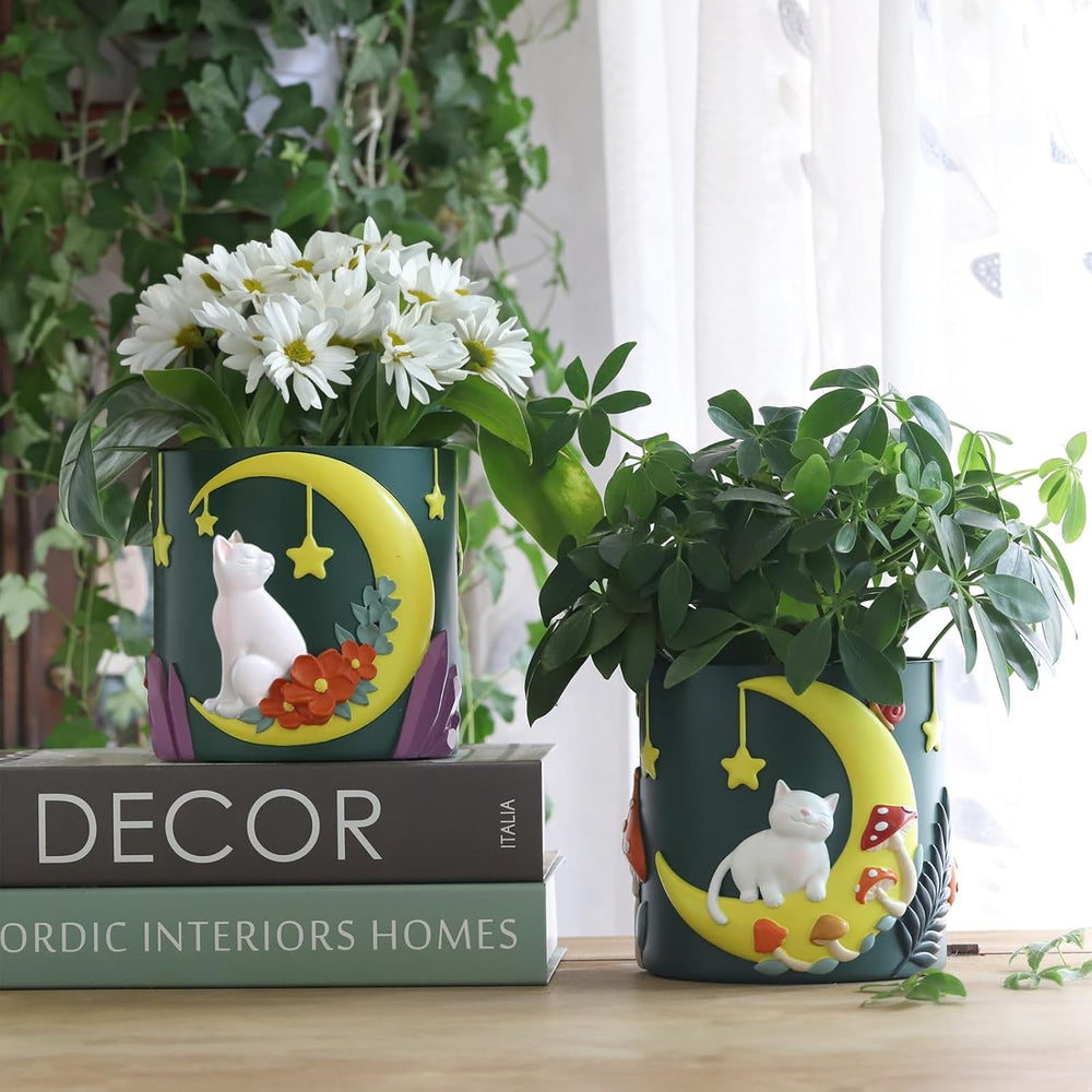 Ghivece drăguțe GUGUGO cu pisică lunară, ghiveci unic cu drenaj, culori curcubeu, ghivece mici pentru plante de apartament, ghiveci distractiv pentru grădină suculente, cadou, decorațiune pentru casă (C)