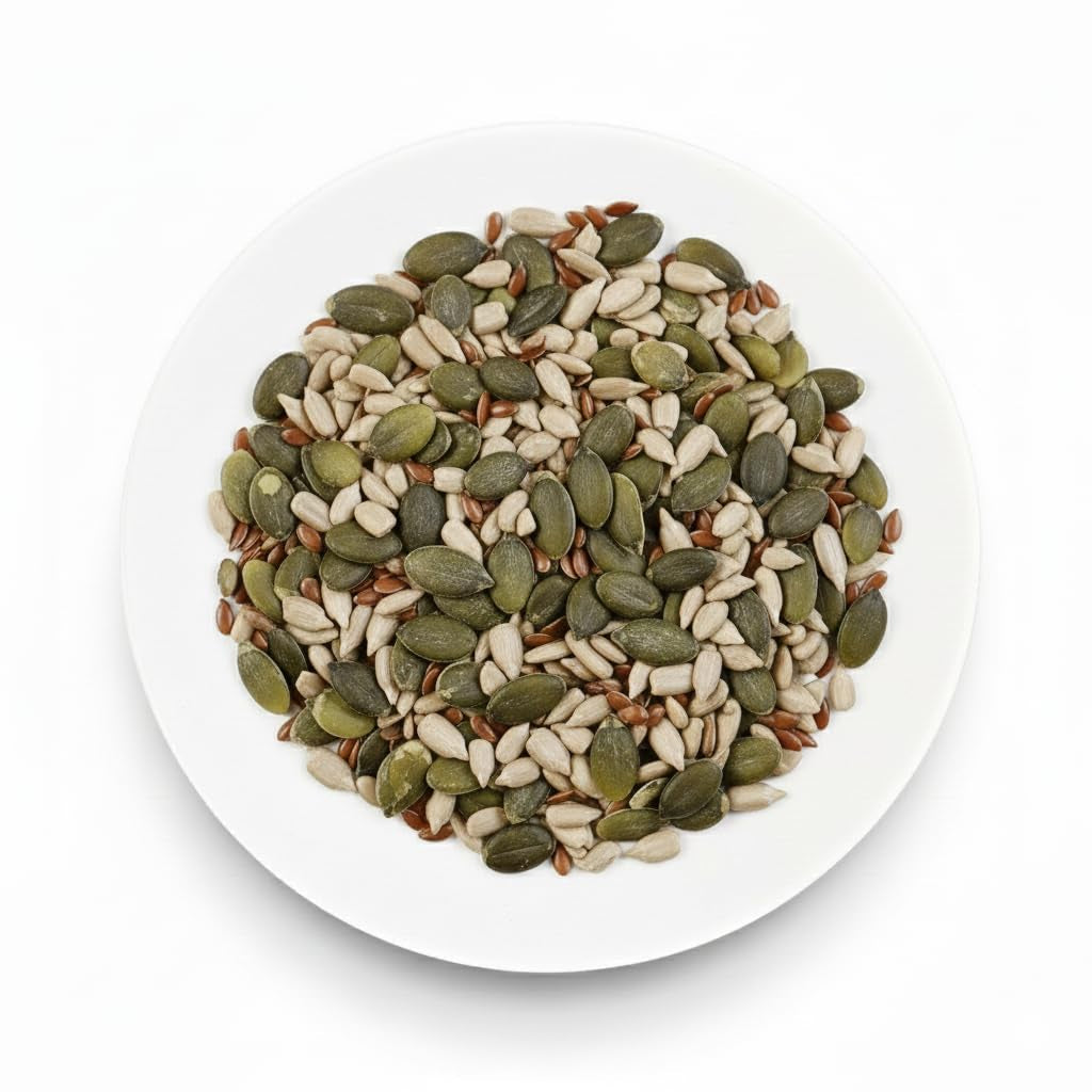 Økologisk Omega frøblanding 3 kg (blanding af græskar-, solsikke- og hørfrø), en blanding af 3 hele rå oliefrø, rig på protein, fibre og omega-3 fedtsyrer
