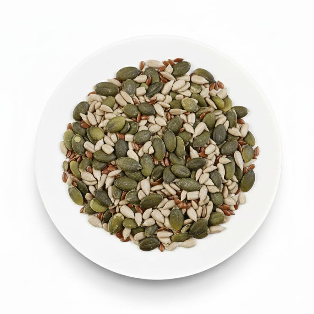 Økologisk Omega frøblanding 3 kg (blanding af græskar-, solsikke- og hørfrø), en blanding af 3 hele rå oliefrø, rig på protein, fibre og omega-3 fedtsyrer