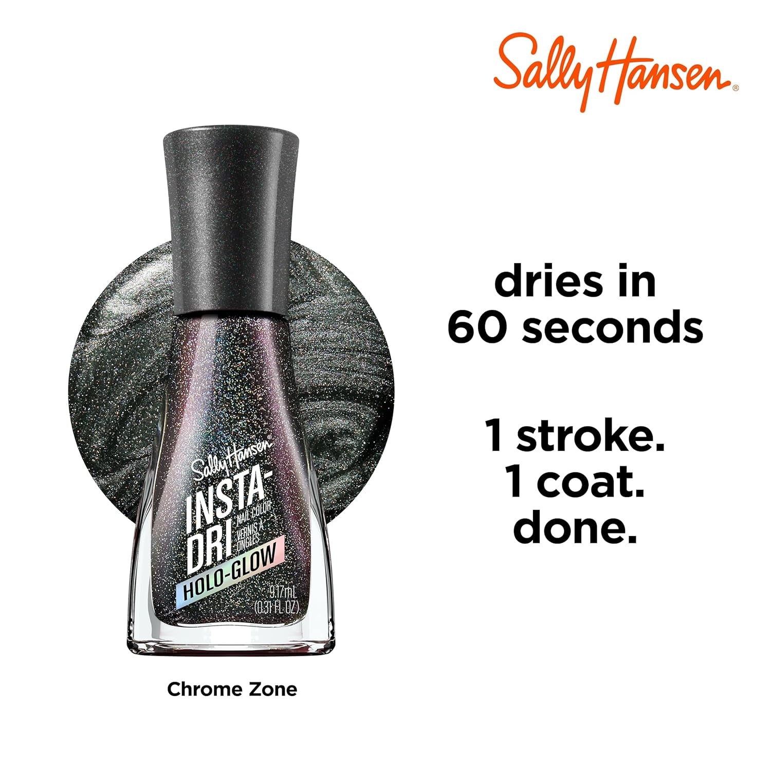 Insta-Dri Holo-Glow neglelak, Chrome Zone, Nem at bruge, Langtidsholdbar, Smukke farver, Nem at påføre, Ingen afslag, 19ml