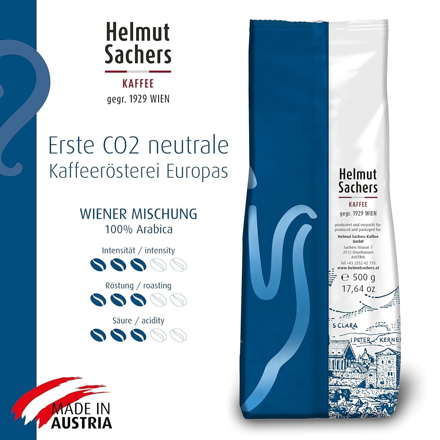 Helmut Sachers Kaffee - Wienerblanding, styrke 3/5, 100 % Arabica, hele kaffebønner, 6 X 500 G Naty Shop