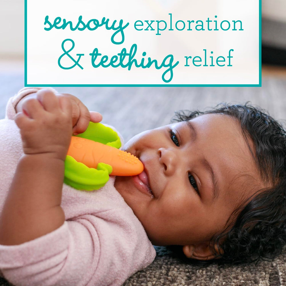 Infantino Lil' Nibbles, inel de dentiție din silicon texturat, jucărie de dentiție pentru bebeluși fără BPA, moale, ușor de ținut în mână, stimulare senzorială pentru sugari, morcov