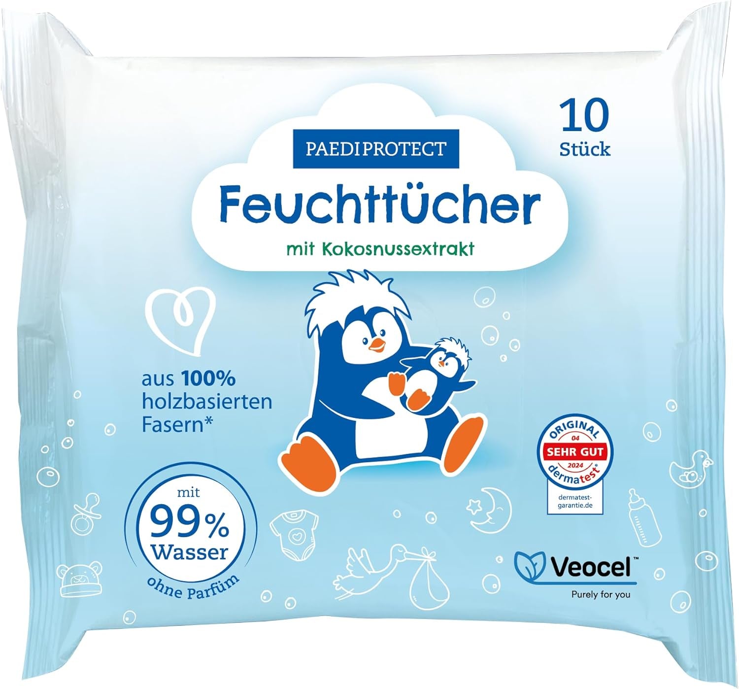 PAEDIPROTECT Baby vådservietter 1 x 10 stk. Sensitive baby vandvådservietter 99% vandparfumefri baby & børn delikat hud kokosekstrakt Mikroplastfri vegansk (5 pakke)
