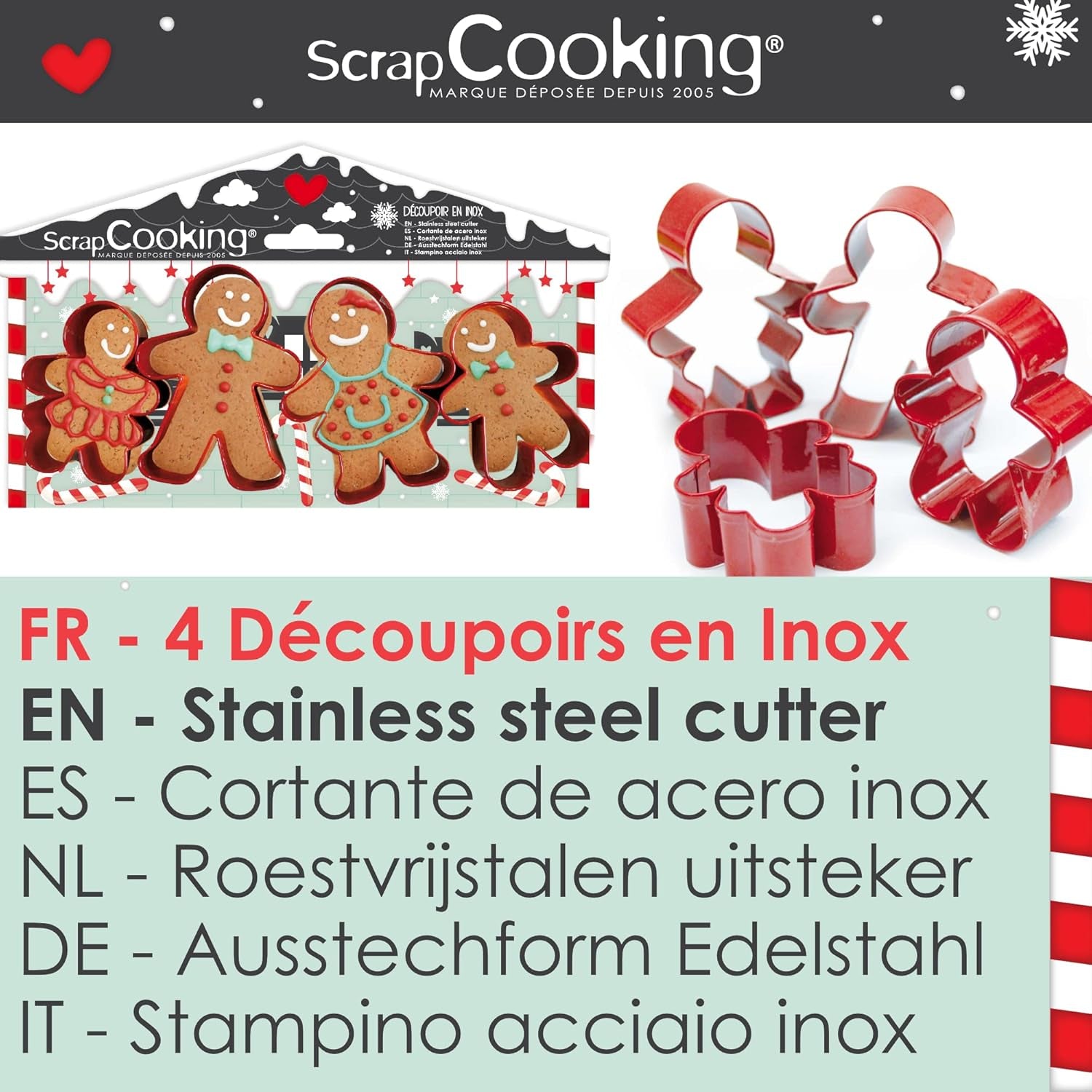 ScrapCooking - 4 Forme de Biscuiți Omuleț de Turtă Dulce - Forme de Biscuiți de Crăciun din Oțel Inoxidabil - Forme de Biscuiți Omuleț de Turtă Dulce - Accesorii de Coacere Design Tort - 2081