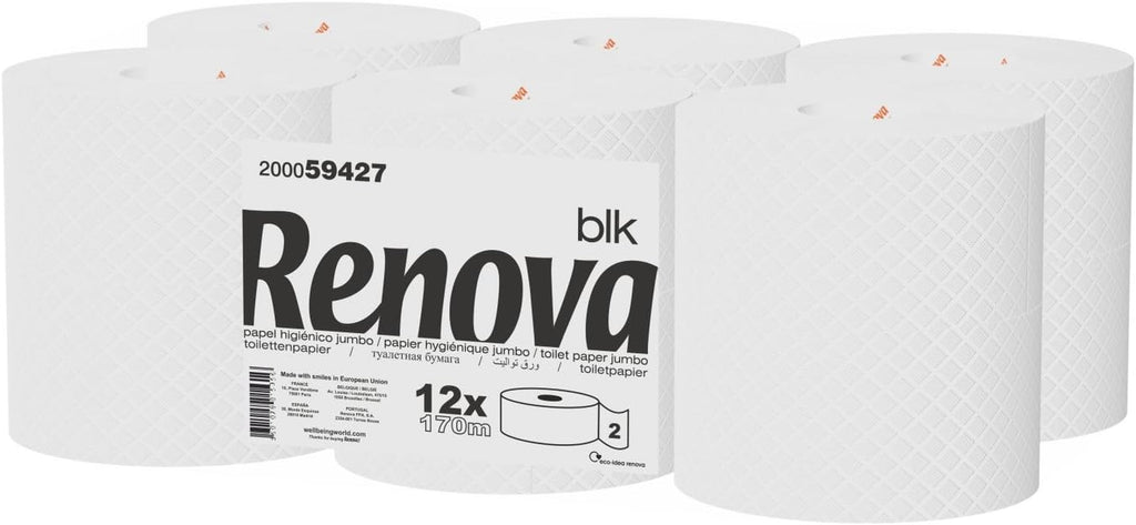 Hârtie igienică Renova Jumbo BLK, 12 role la 170 M, hârtie albă, 2 straturi