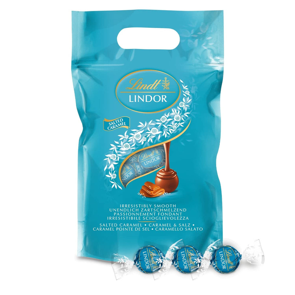 LINDOR chokoladekugler med saltet karamel | ca. 80 mælkechokoladekugler med saltet karamelfyld | Bulk Pack & Marc de Champagne Chokoladekugler | 700 g
