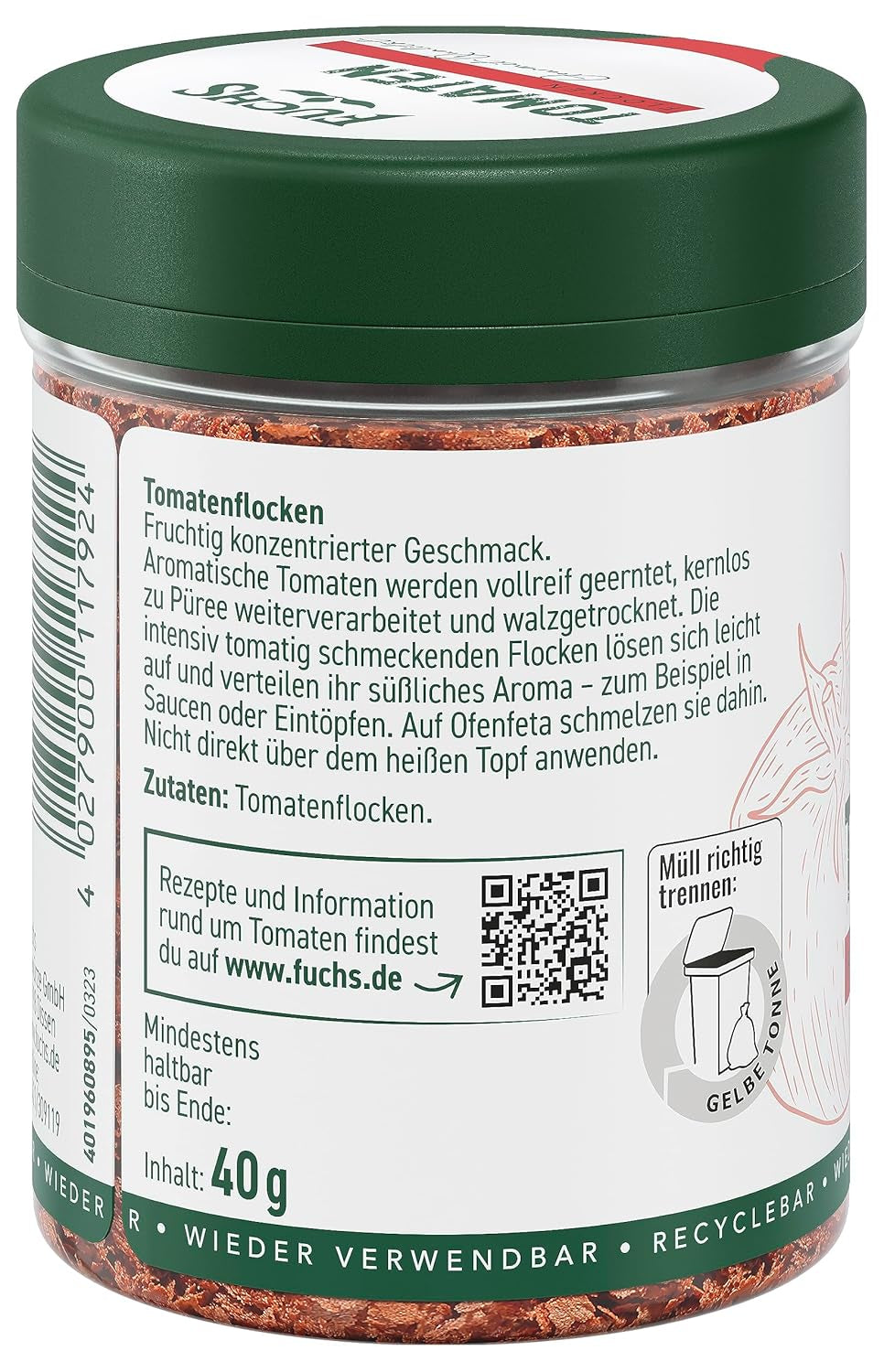 Fuchs Gewürze - Tomaten Flocken - Gewürz für Ofenfeta oder tomatigen Geschmack i sauce - naturlige ingredienser - 40 g i wiederverwendbarer, genbrugsbarer Dosis