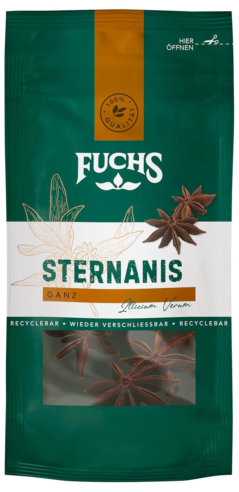 Fuchs Gewürze - Sternanis ganz | Aus natürliche Ingrediens | 9 g genlukkelig, genanvendelig taske