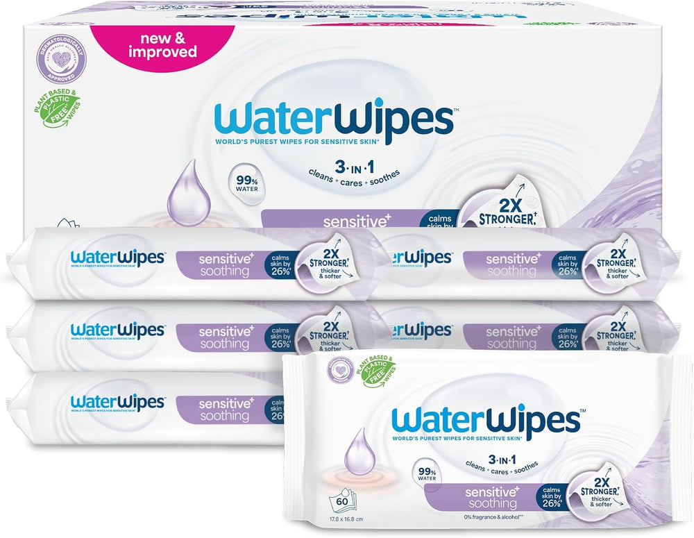 WaterWipes Sensitive+ Soothing Clean Wet Wipes, 720 Count (12 Pack), 3-i-1 rensning, pleje og beroligende, 99 % vand med planteekstrakt, parfumefri babyvådservietter