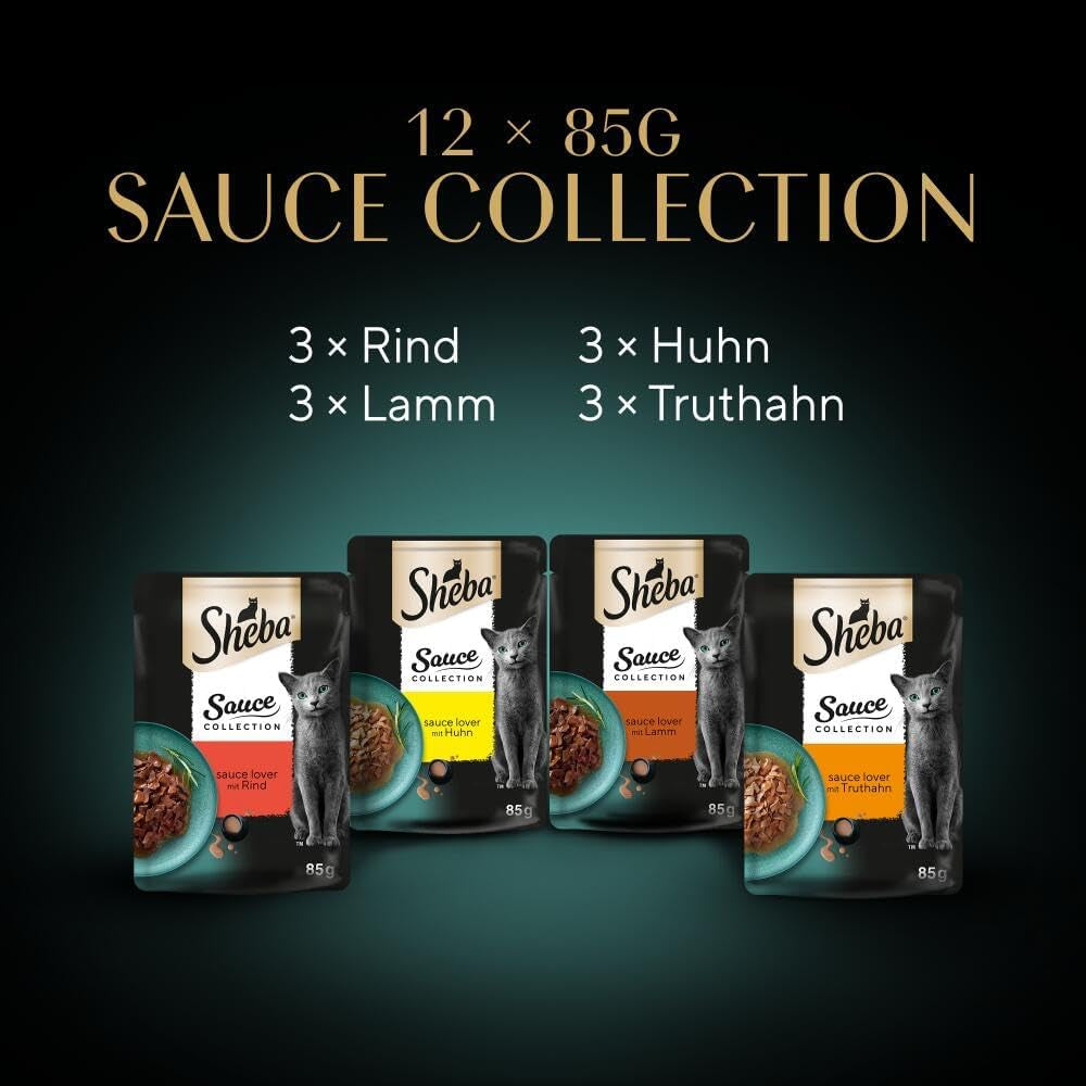 Hrană umedă pentru pisici Sheba Sauce Collection, în pliculețe porționate, pachet multiplu cu compoziție sărată, 4x12x85g