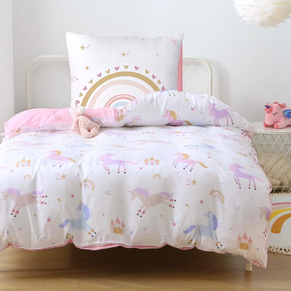 Fekohipy Bettwäsche 135X200 Mädchen Einhorn Kinderbettwäsche Rosa 3D-Druck Mikrofaser Regenbogen Kinder Bettbezug Mit Zwierzweissung Und 1 Kissenbezug 80X80Cm 2-Teilige Kinderbettwäsche-Set Naty Shop Einhornregenbogen 130mX200CmX200C
