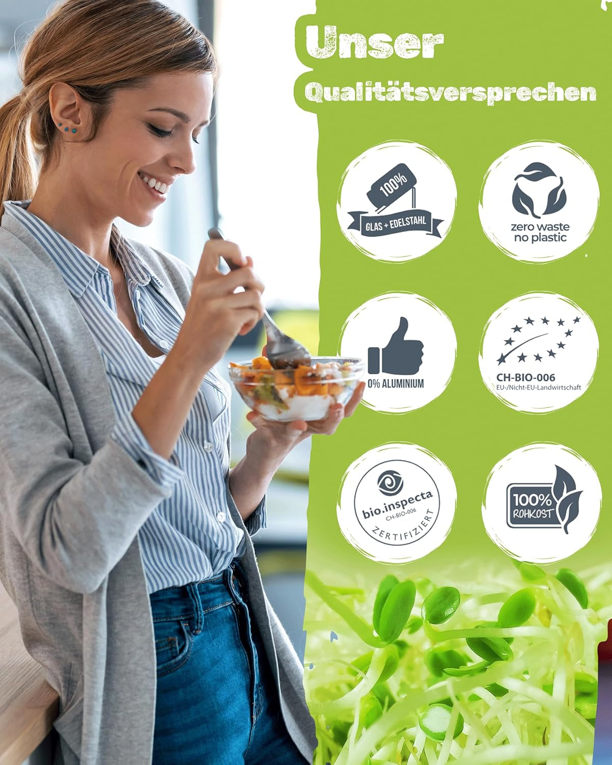 Spirekrukkesæt 3100 ml med gavesæt - Økologisk Fitness Mix, Power Mix og Detox Mix, 75 g hver - Spiringskrukke - inkl. låg, stativ og si