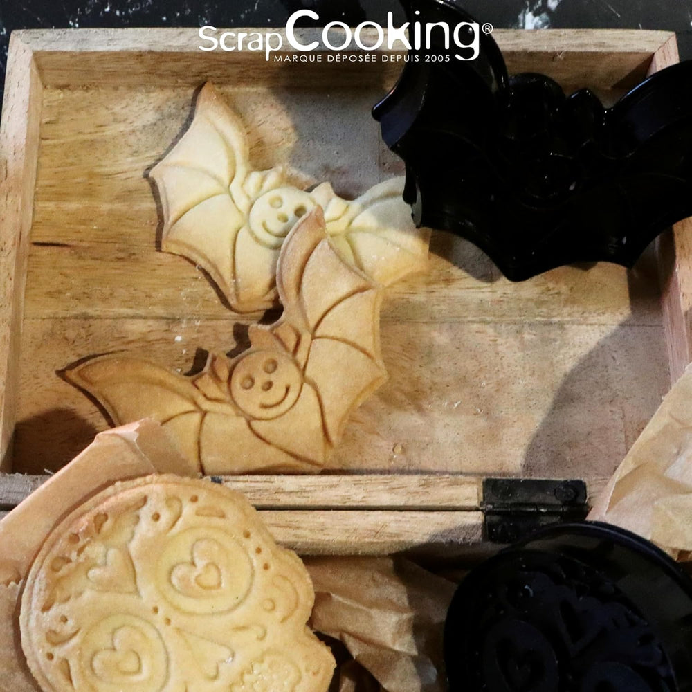 ScrapCooking - 2 Forme de Biscuiți Halloween – Calavera și Liliac – Forme de Biscuiți 3D – Forme de Gofrare – Craniu Mexican – Forme de Biscuiți – 2142