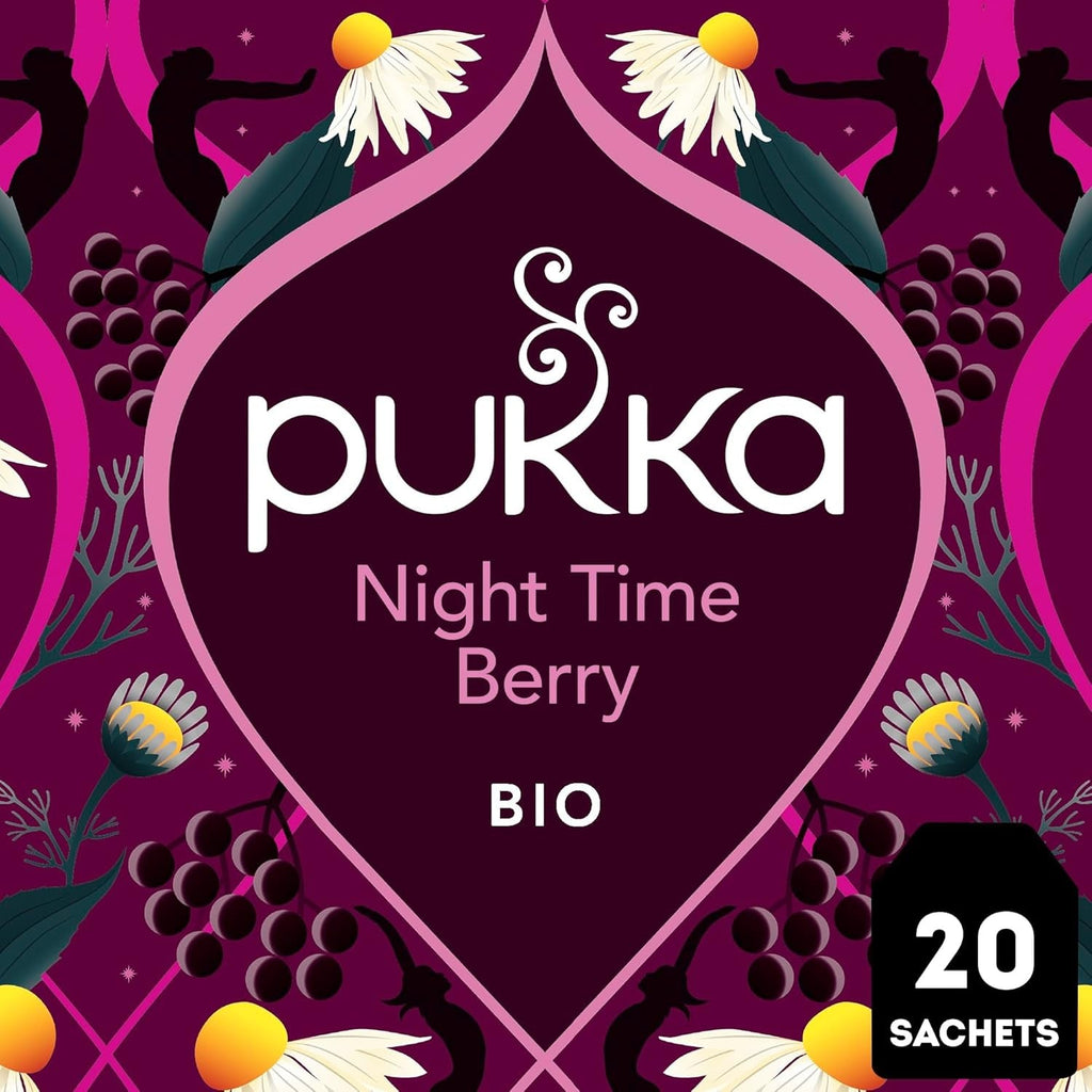 Pukka | Ceai de fructe bio „Night Time Berry” | Mușețel, coacăze negre și mure | Ceai pentru o seară relaxantă | Fără cofeină | Pachet de 1 | 20 pliculețe de ceai
