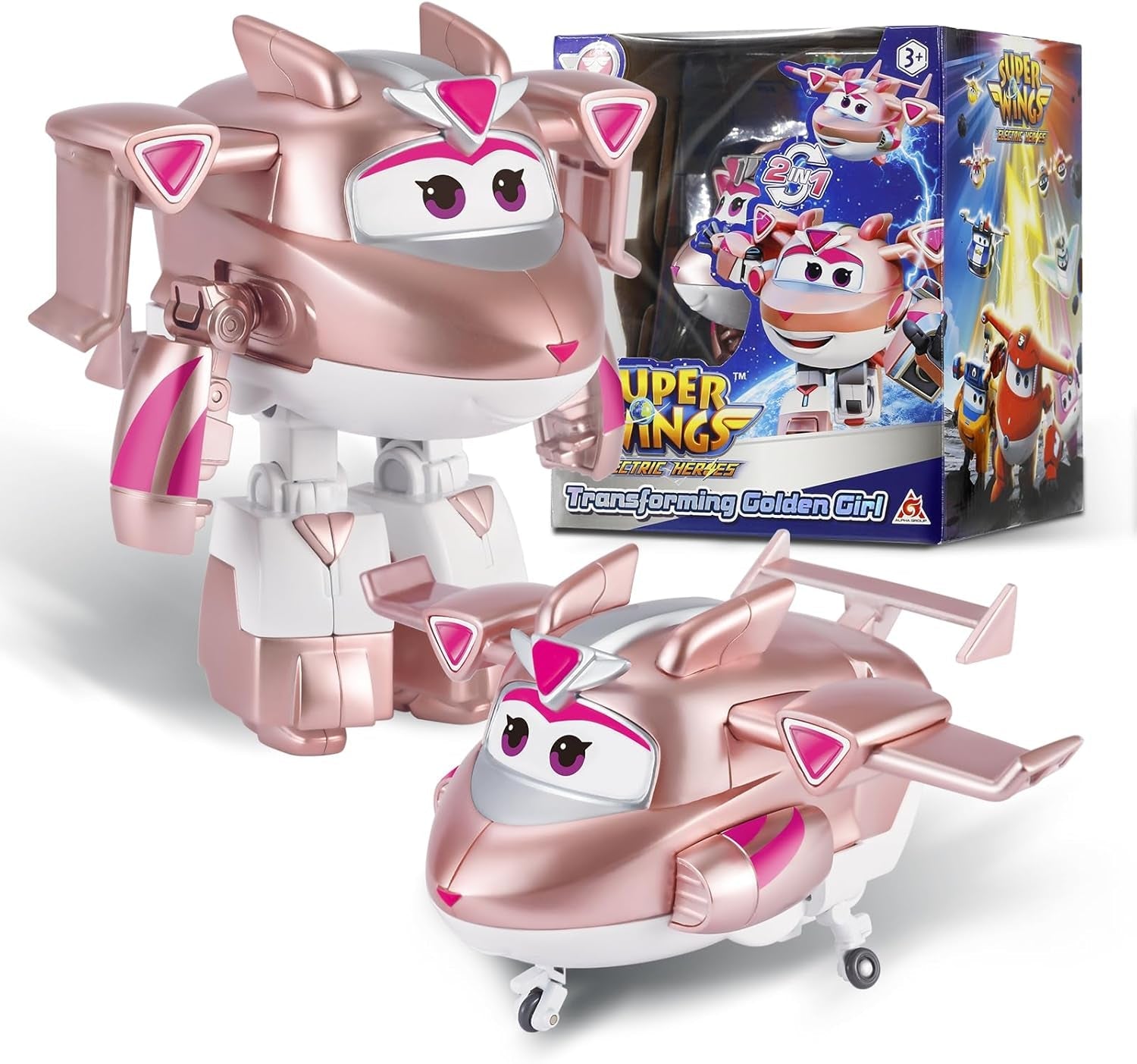 Super Wings Transformation Plane Supercharged Traver, ca. 12,7 Cm Stor børnelegefigur legetøjsflyvemaskine og robotfigur til drenge og piger over 3 år Sølv actionfigurer Naty Shop Guldpige