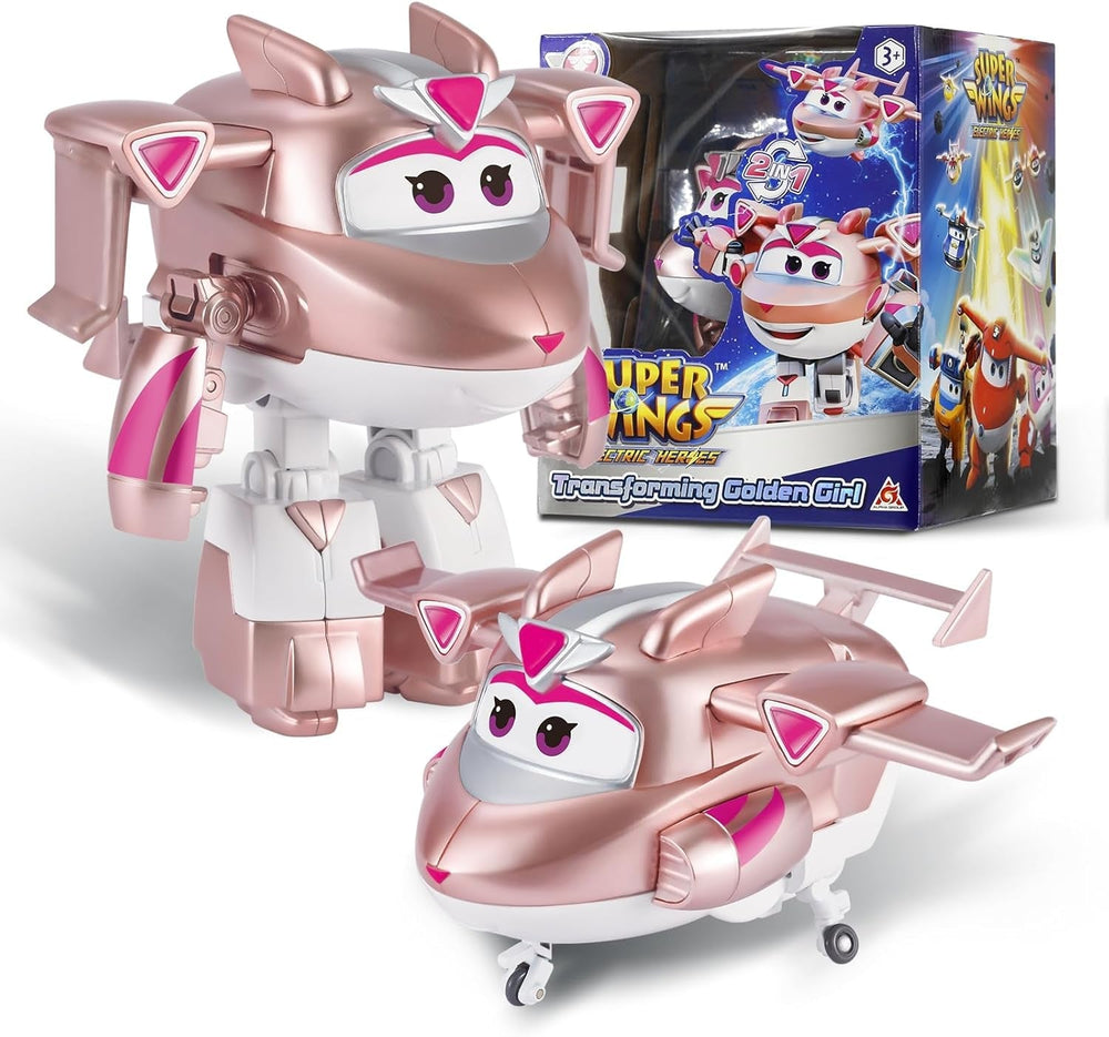 Super Wings Transformation Plane Supercharged Traver, ca. 12,7 Cm Stor børnelegefigur legetøjsflyvemaskine og robotfigur til drenge og piger over 3 år Sølv actionfigurer Naty Shop Guldpige