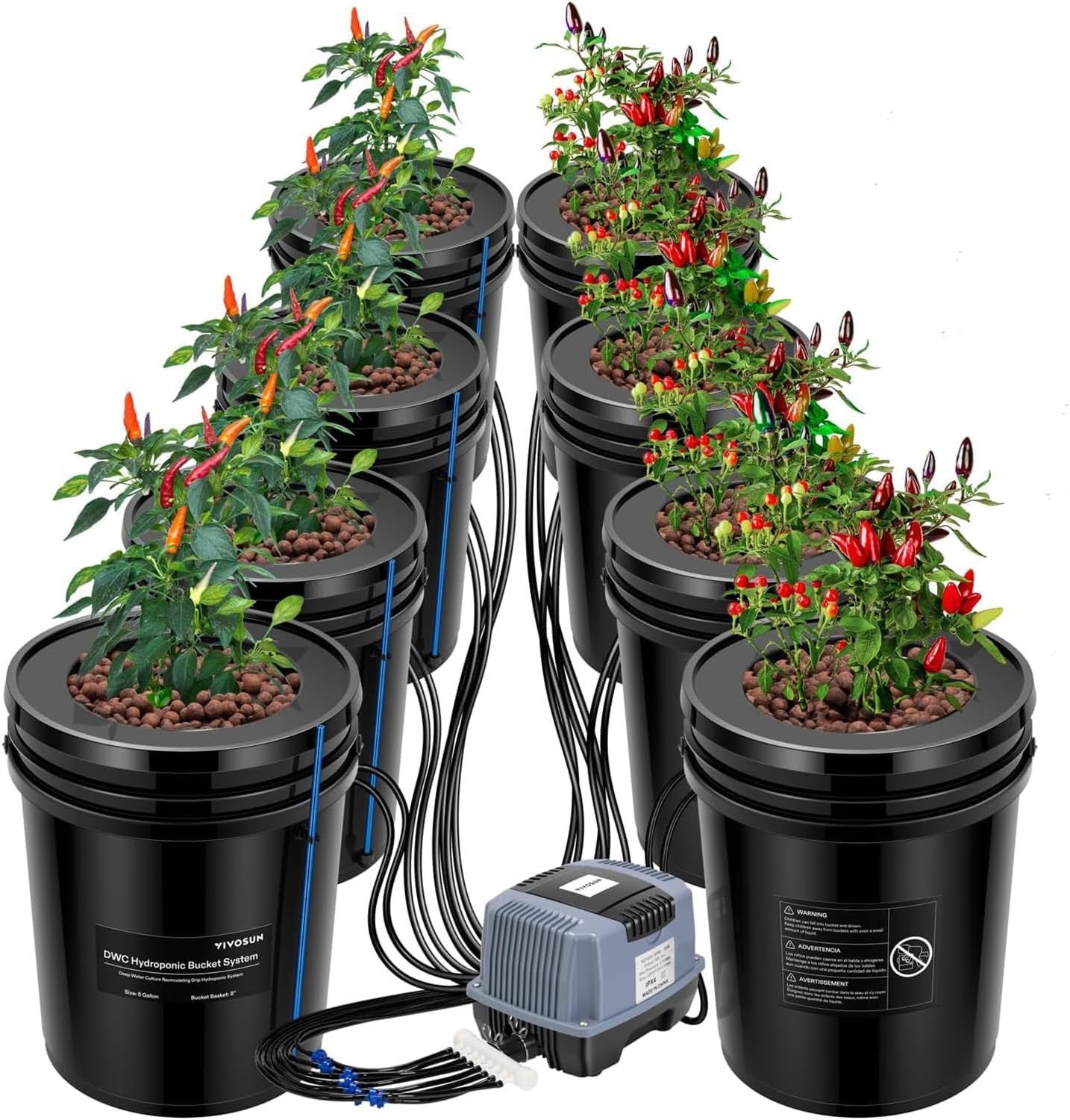 VIVOSUN DWC Hydrokultur Anbausystem med Topf-Dripkit, 5-Gallonen Tiefwasserkultur, Umwälz-Tropfgartensystem med Mehrzweck-Luftschlauch, 8W Luftpumpe og Luftstein (1 Bucket + Top-Drip-Kit)