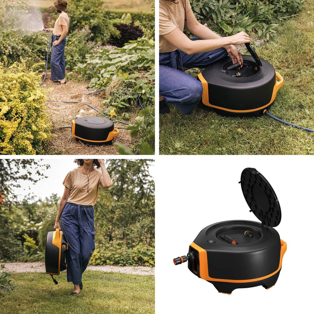 Fiskars Waterwheel XL, Set de udare all-inclusive, Rază totală de acțiune de 25 m, Retragere automată, Furtun de grădină universal (Ø 13 mm), Conector universal pentru robinet, Negru/Portocaliu, Seria X, 1067549