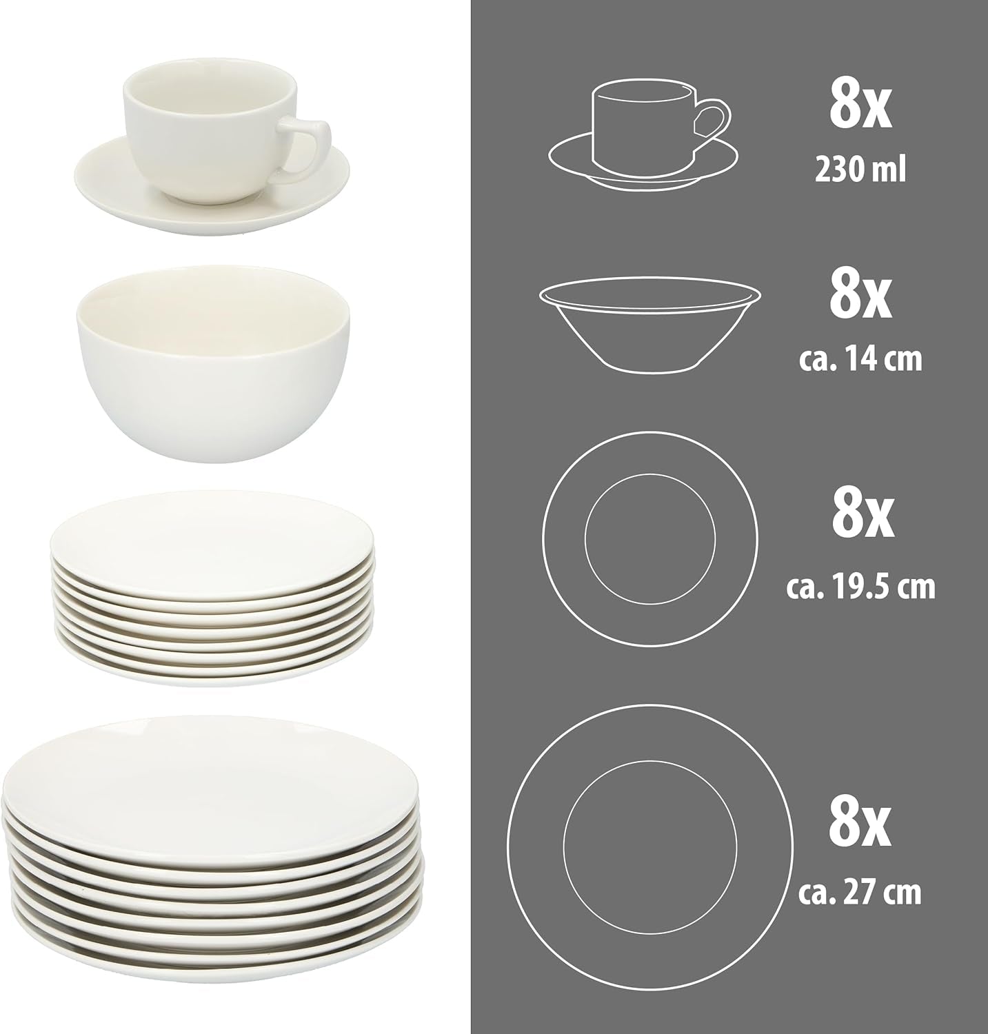 alpina Geschirrset 8 Personen - 40-teiliges Steingut Geschirr - Teller Set mit Speiseteller, Schalen und Kaffeebecher - Camping Geschirr - Mikrowelle- und Spülmaschinengeeignet - Weiß