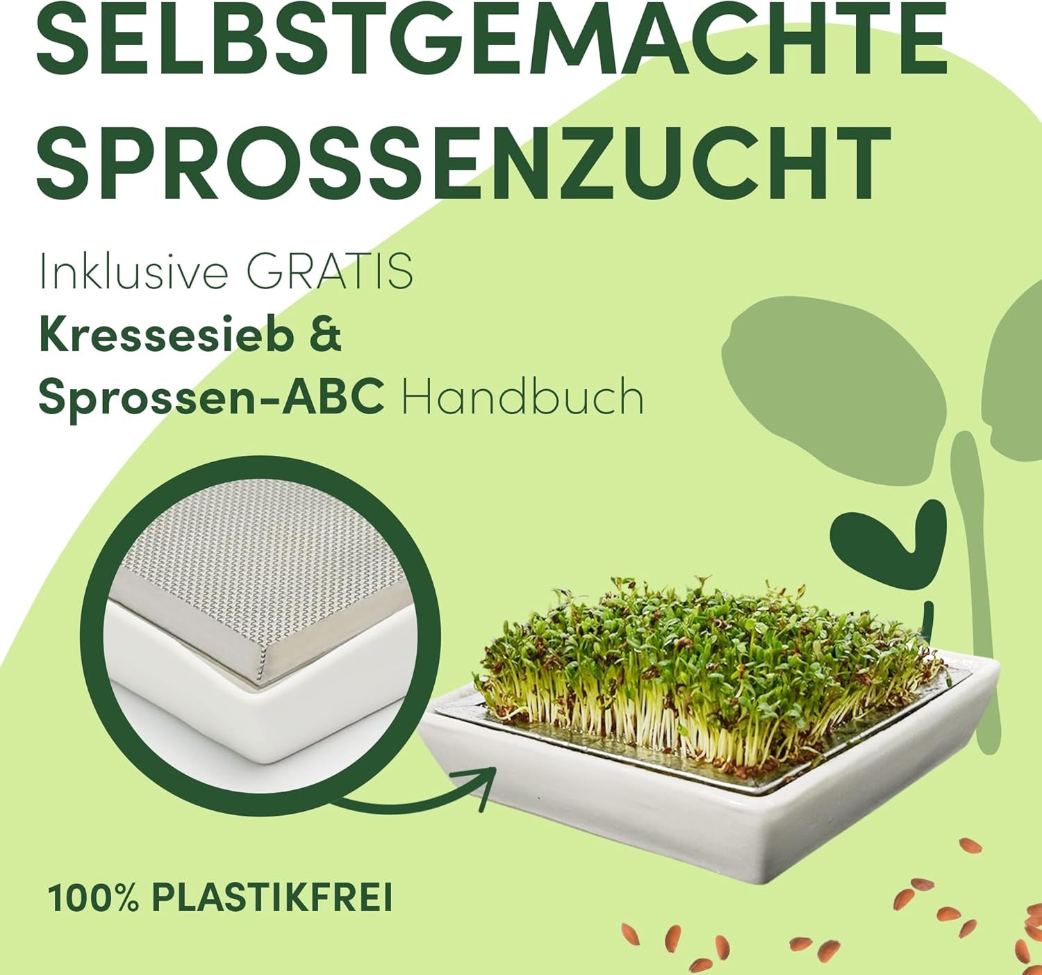 [Originalt startsæt med spirekrukke + karsefilter | 1000 ml med højkvalitets rustfrit stål Mesh Cover Stand Keramisk bakke + ABC til spiring [Printversion] Frøplantebakke med spiringskrukke