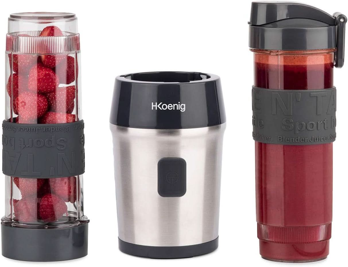 H.Koenig Smoothie Maker SMOO9 - Mini Standmixer - Mini Blender - 300 Watt - 570 Ml - Edelstahl - 2 Kunststoffflaschen - Bpa-Frei, Grau Kitchen Naty Shop