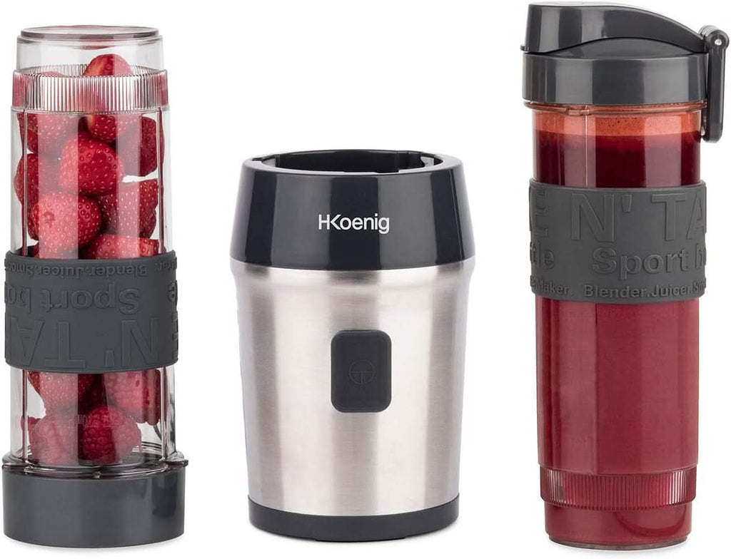 H.Koenig Smoothie Maker SMOO9 - Mini Standmixer - Mini Blender - 300 Watt - 570 Ml - Edelstahl - 2 Kunststofflaschen - Bpa-Frei, Grau Bucatarie Naty Shop
