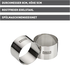 Set original de inele pentru desert Kaiser Inspiration, 2 piese, inele de servire, oțel inoxidabil, 8 cm, inele pentru alimente, pentru o prezentare atractivă, lavabile în mașina de spălat vase, argintii