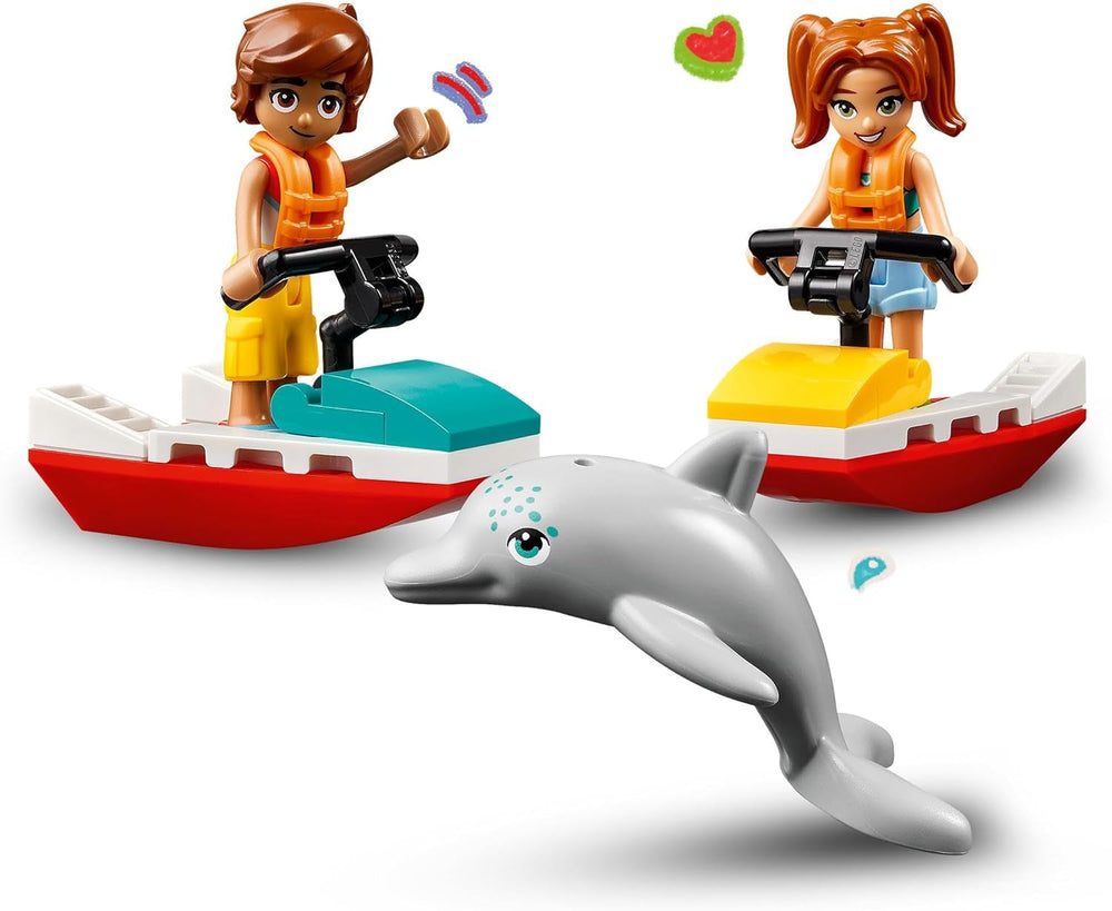 LEGO Friends livredder udsigtstårn med jetski, børnelegetøj, gaveidé til piger og drenge fra 5 år med 2 figurer og en delfin, jetski legetøj 42623 Byggesæt Besuche den LEGO-Store