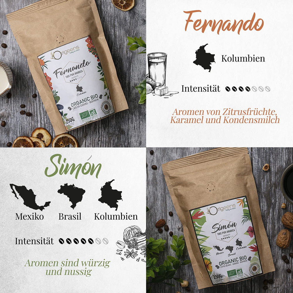 ORIGEENS Bio Kaffeebohnen Probierset 1kg | Premium Bio Arabica Kaffee Ganze Bohnen Set 4x250g | Traditionelle Röstung | Kaffee Geschenkset