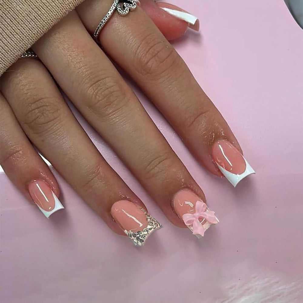 24 de tablete pentru manichiură franceză cu fundă roz și diamant, unghii pătrate, model cu strasuri, unghii artificiale roz nud, acoperire completă, manichiură cu lipici