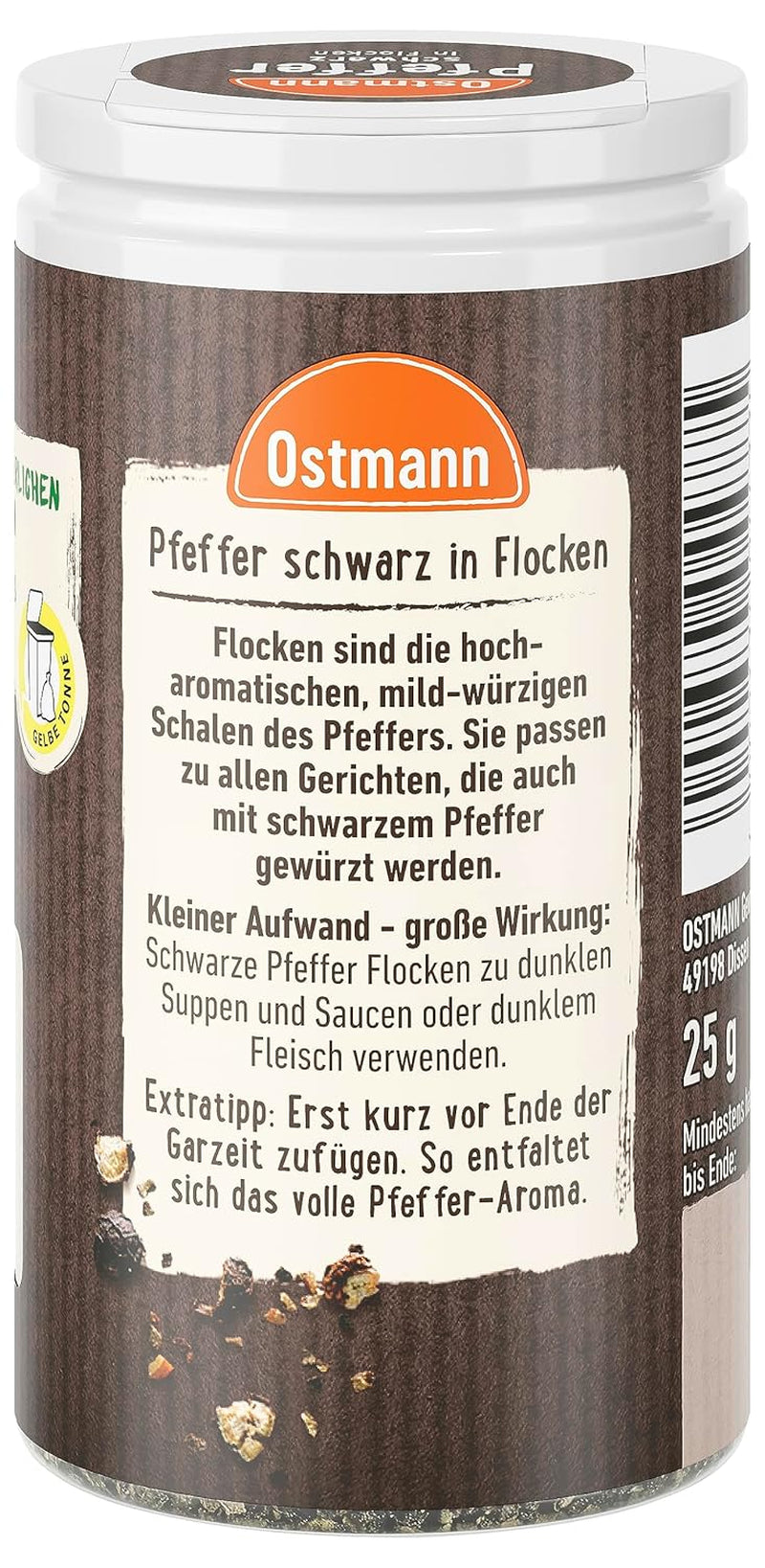 Ostmann Gewürze - Schwarze Pfefferflocken | Grober Pfeffer für intensiv-schwarfen Gesmack | Mit praktischem Streuaufsatz | 25 g i Der Streudose