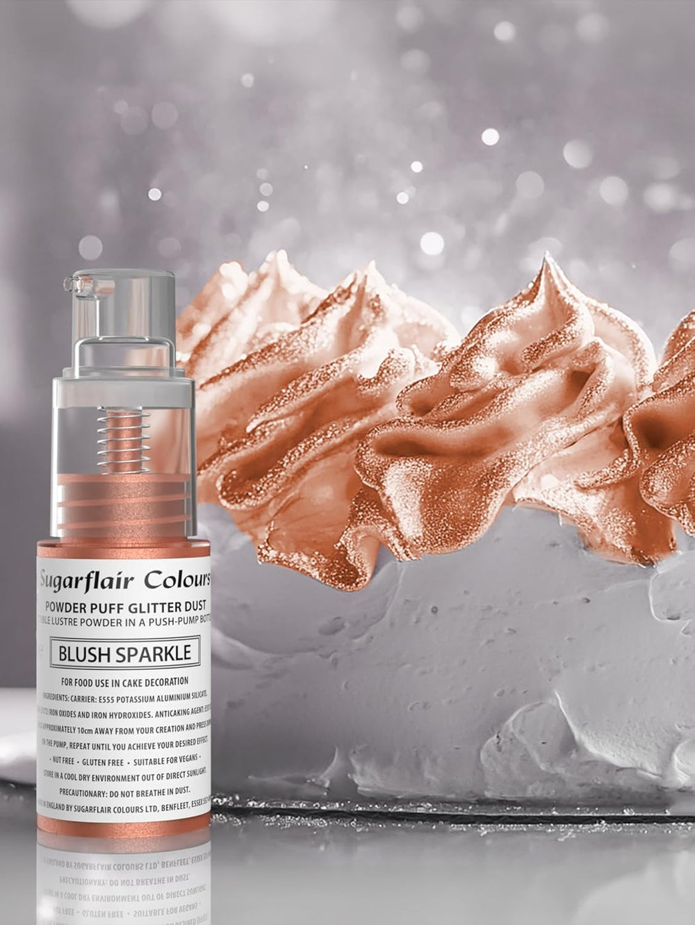 Spray pudră cu pompă Sugarflair, sclipici, Blush, sclipici - colorant alimentar pentru tort, spray fără aerosoli pentru torturi, brioșe și multe altele - 10 g