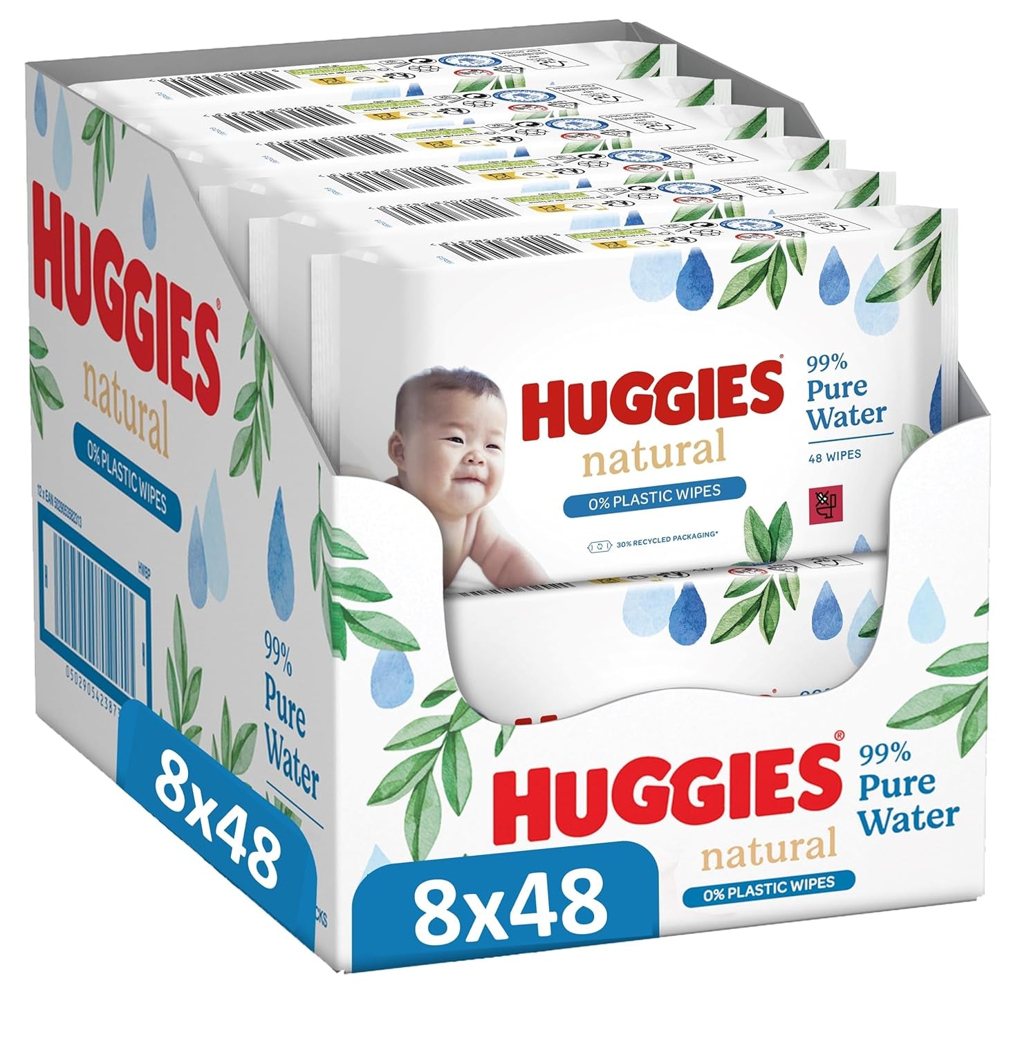 Huggies naturligt biologisk nedbrydelige vådservietter til følsomme babyer, 8 x 48 servietter, bulkpakke