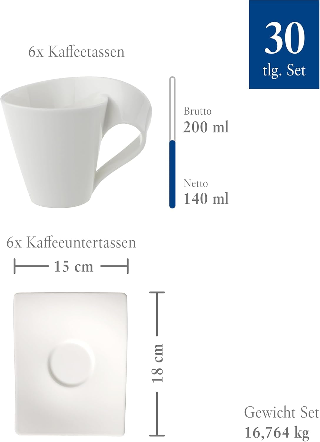 Villeroy & Boch – Newwave Basic Tafelservice 30 Teilig, Geschirr Set Für 6 Personen, Spülmaschinenfest, Geschirrset, Service, Teller, Tassen, Weiß, Keramik, Premium Porzellan Seturi vesela masa Naty Shop