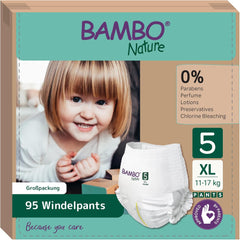 Bambo Nature bleer, størrelse 5 (11-17 kg) - Månedlig æske med 95 | Bleer med forbedret lækagebeskyttelse | Ultimativ komfort og frihed for aktive børn | Dermatologisk testede bleer