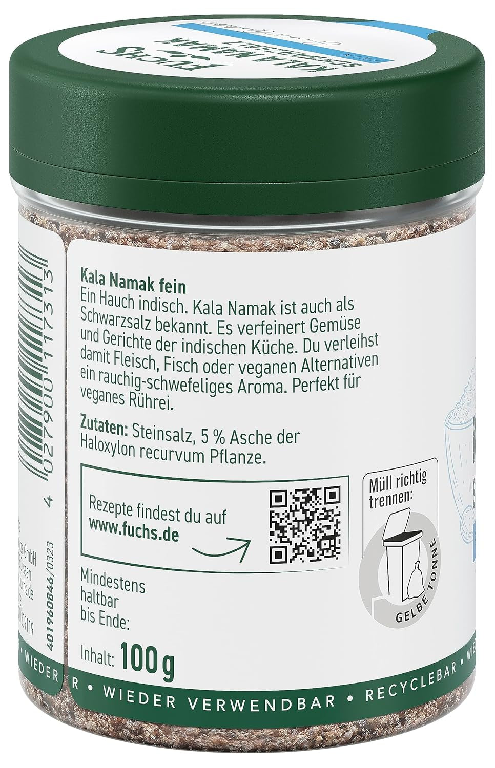 Fuchs Gewürze - Kala Namak - Schwarzsalz - Gewürzsalz für veganes Rührei - naturlige ingredienser - 100 g i wiederverwendbarer, genbrugsbarer Dosis