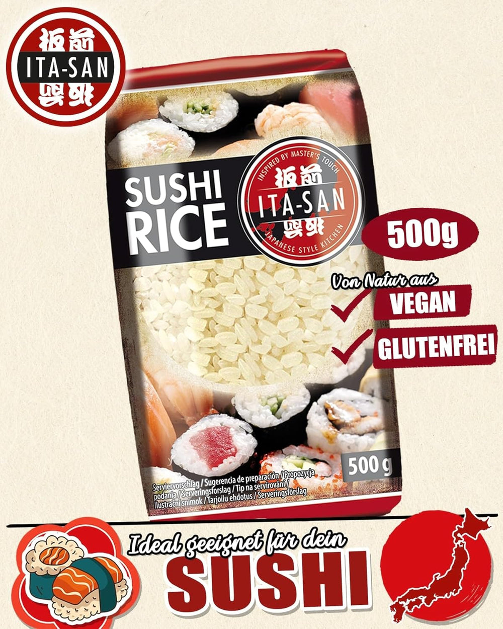 ITA-SAN Sushi-ris, rundkornet, topkvalitet, 100 % ren variant, hurtig og nem tilberedning, vegansk, halal, glutenfri (1 x 500 g)