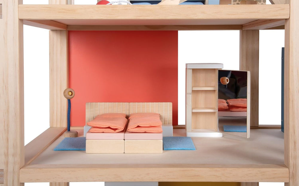 Lille fod, naturlig farve trædukkehus - 3-etagers med tagterrasse og 51-delt møbelsæt tilskynder til kreativ leg, velegnet til alderen 3+ 12541 Naty Shop dukkehuse