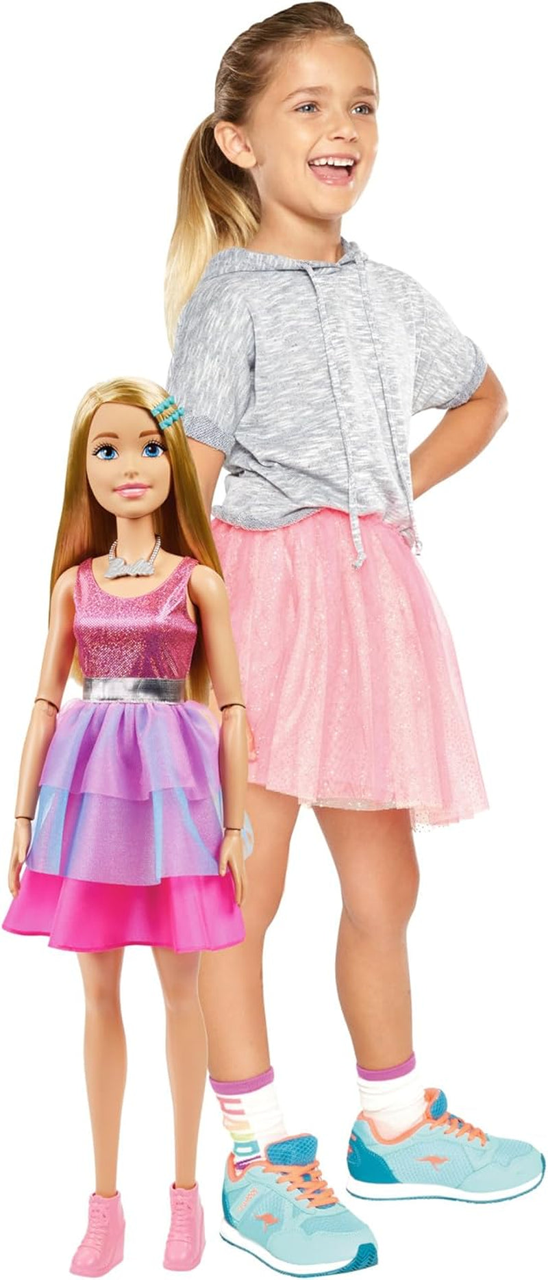 Păpușă Barbie Extra Large (71 cm) - Rochie roz, păr blond cu agrafă și colier, cadou pentru copii cu vârsta de 3 ani și peste, HJY02