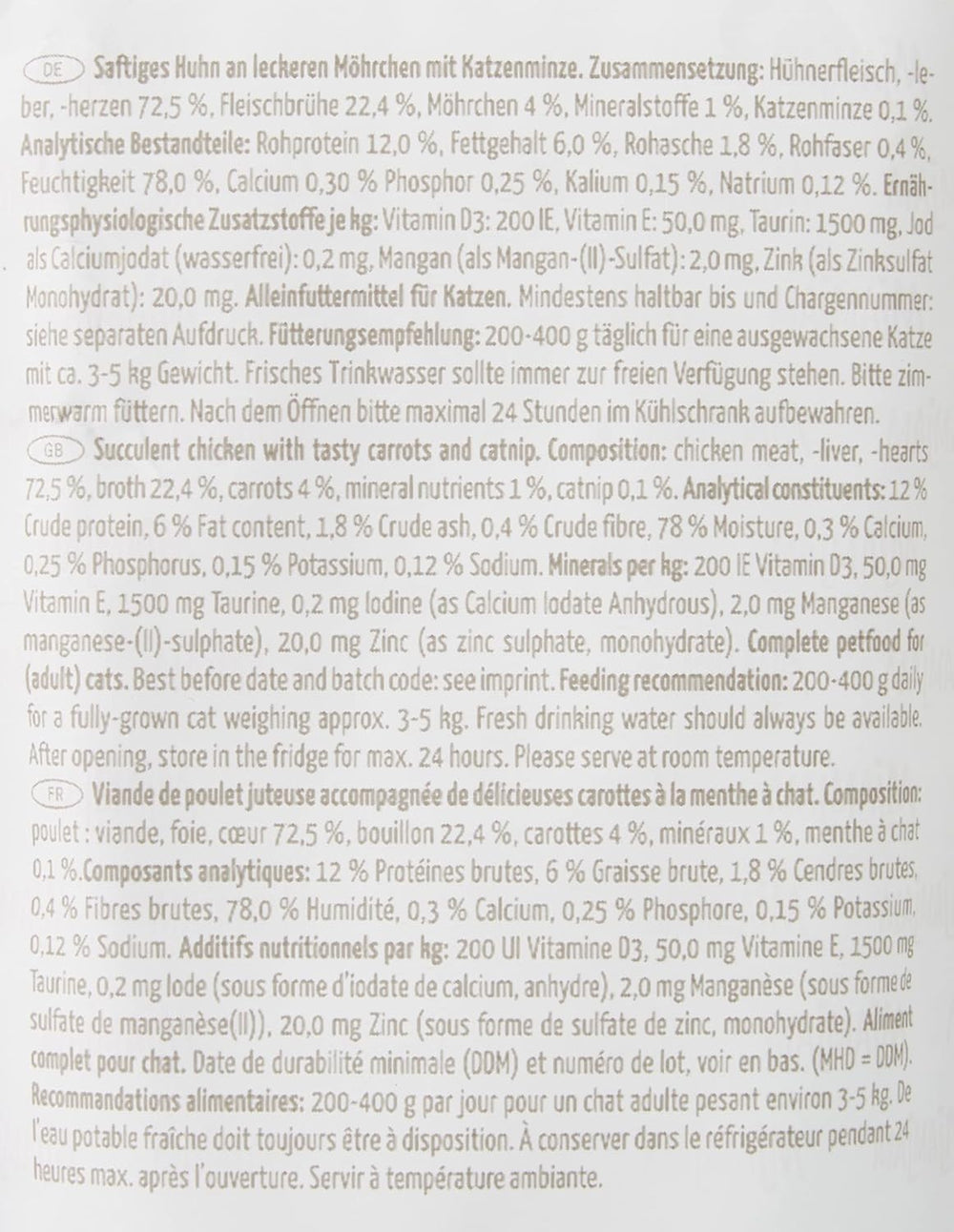 MjAMjAM - Hrană umedă premium pentru pisici - pungă compresibilă - pui suculent cu morcovi delicioși, pachet de 12 (12 x 125 g), fără cereale cu carne suplimentară