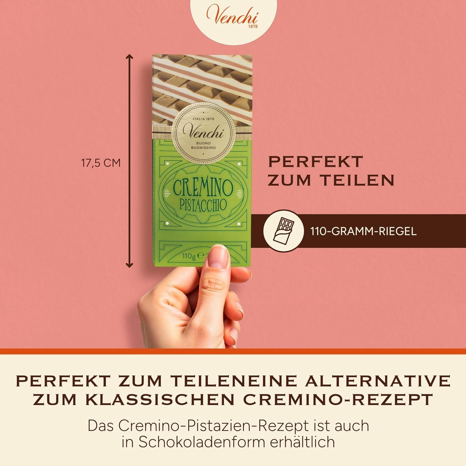 Venchi - Cremino Pistachio Bar, 110g, mælk og hvid chokoladebar med pistaciepasta, tre-lags opskrift med middelhavssmag, glutenfri, ingen kunstige farver