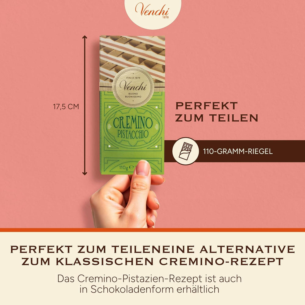 Venchi - Cremino Pistachio Bar, 110g, mælk og hvid chokoladebar med pistaciepasta, tre-lags opskrift med middelhavssmag, glutenfri, ingen kunstige farver