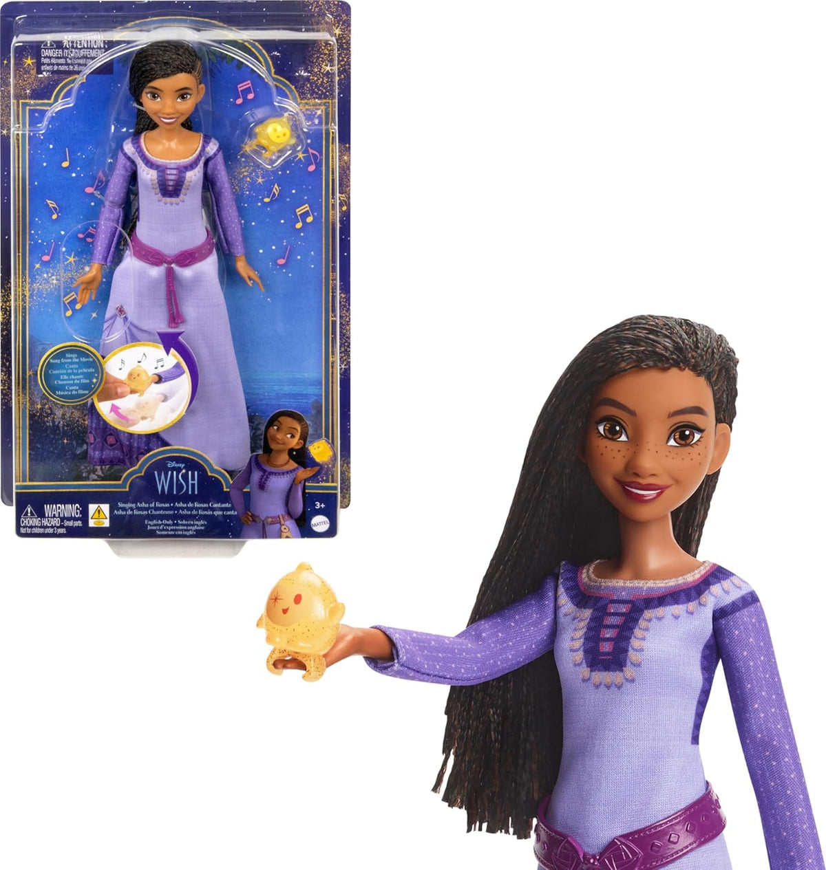 Mattel Disney Wish synger Asha af Rosas Modepuppe & Star Figur, beweglich mit abnehmbarem Outfit, synger "This Wish" på engelsk