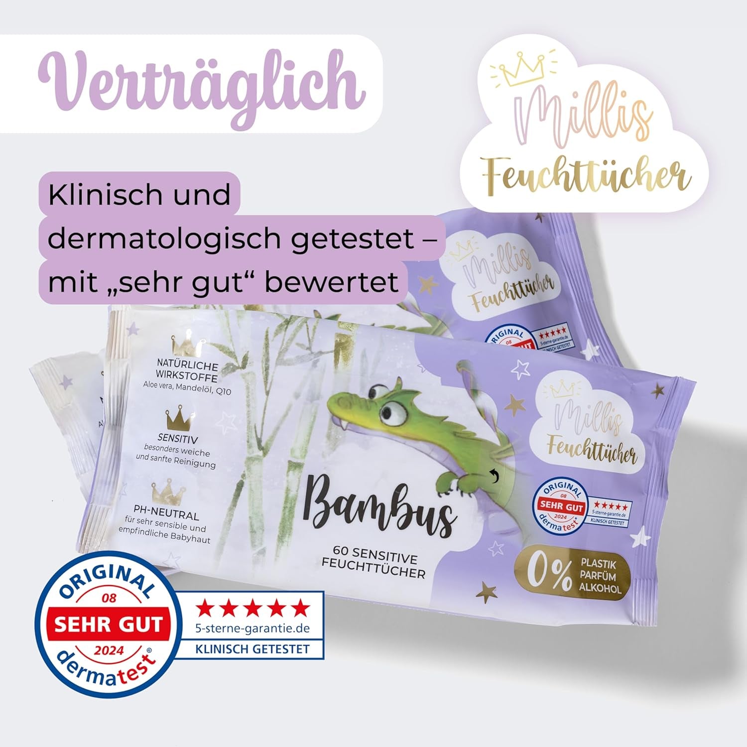 Millis Bamboo Baby Sensitive vådservietter til sart babyhud - 5 x 60 stykker - Naturlig, skånsom og bæredygtig rengøring - Biologisk nedbrydelige babyservietter, plastikfri og alkoholfri