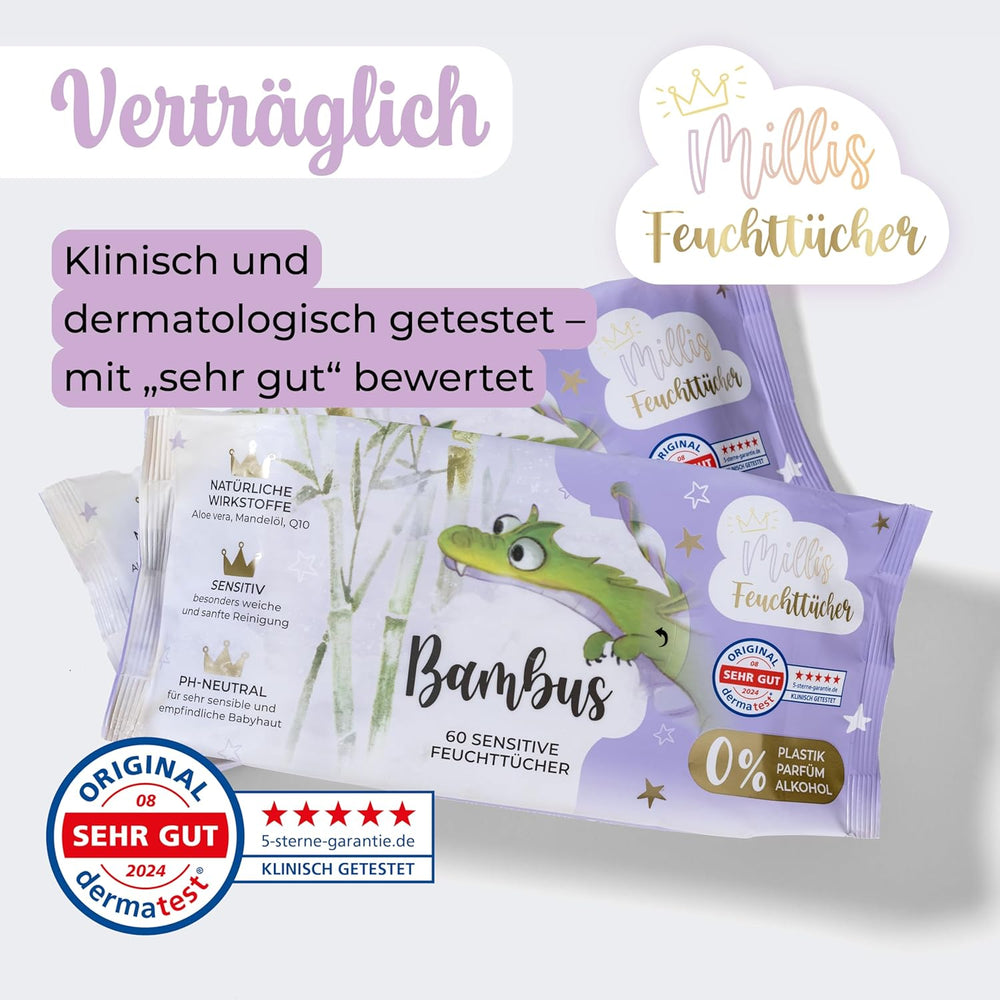 Millis Bamboo Baby Sensitive vådservietter til sart babyhud - 5 x 60 stykker - Naturlig, skånsom og bæredygtig rengøring - Biologisk nedbrydelige babyservietter, plastikfri og alkoholfri
