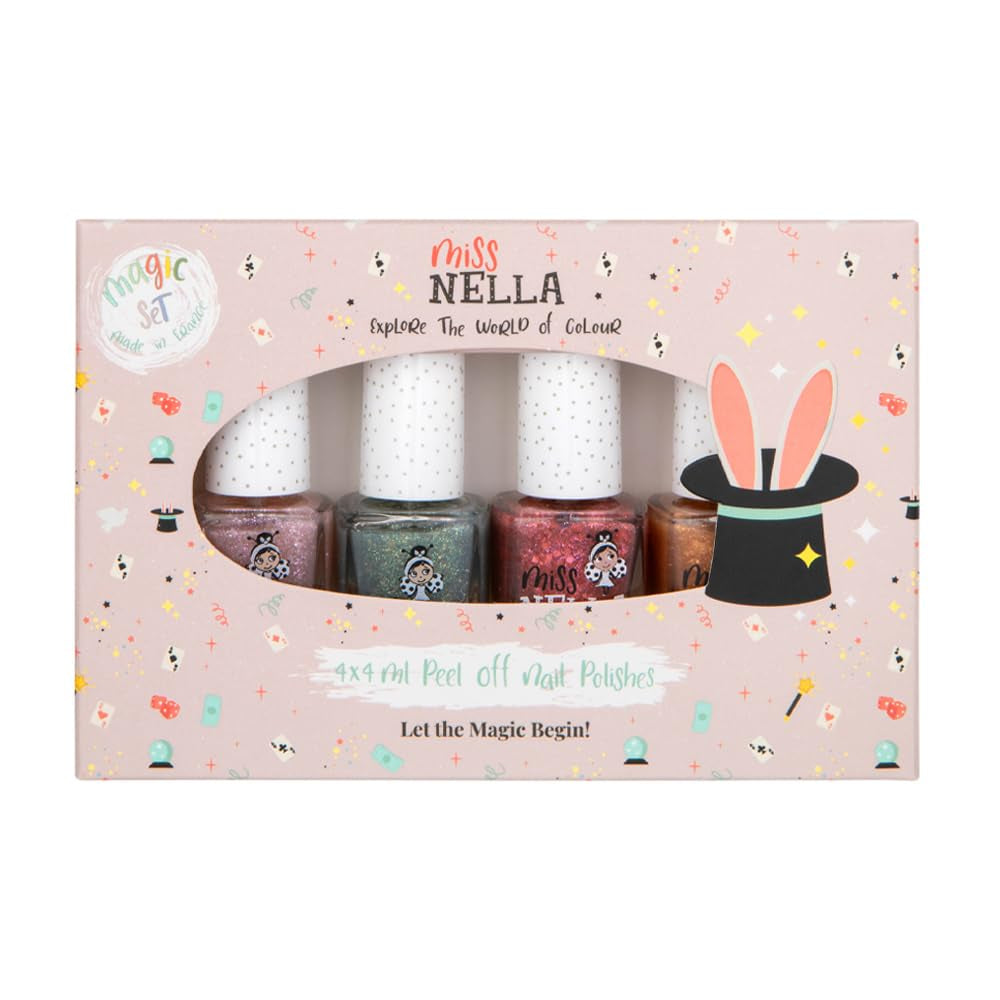 Miss Nella Magic Collection 4-delt glitter neglelaksæt: Pink, rød, guld og blå, special aftagelig neglelak til børn, ikke-giftig, vandbaseret, lugtfri