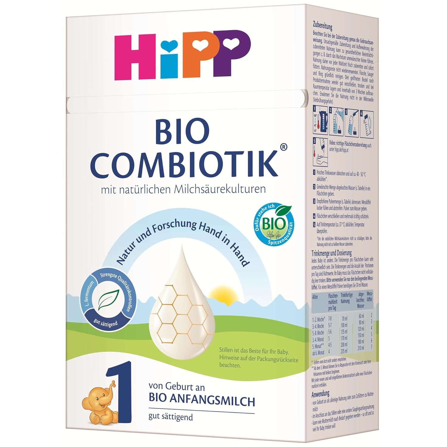 HiPP 1 Organic Combiotik (4 x 600g), mælkepulverformel til spædbørn fra fødslen, med naturlige kulturer af mælkesyre og letbehandlet økologisk stivelse, af bedste økologiske kvalitet