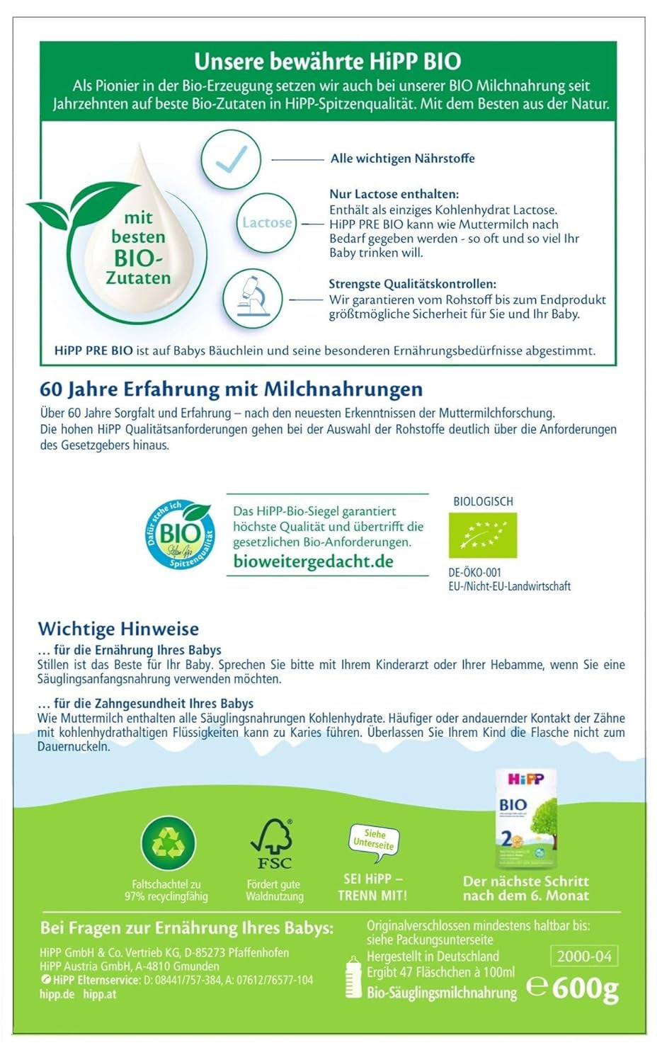 HiPP PRE økologisk spædbørnsmælk (4 x 600g), fra fødslen, indeholder kun laktose som kulhydrat, af bedste økologiske kvalitet