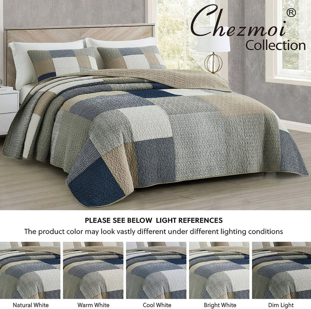 Chezmoi Collection Addy Patchwork Quilt Sæt Forvasket bomuld Letvægts Vendbar All Seasons Oversized 3 dele Navy White Grå Taupe Plaid Quilts & Quilts Naty Shop